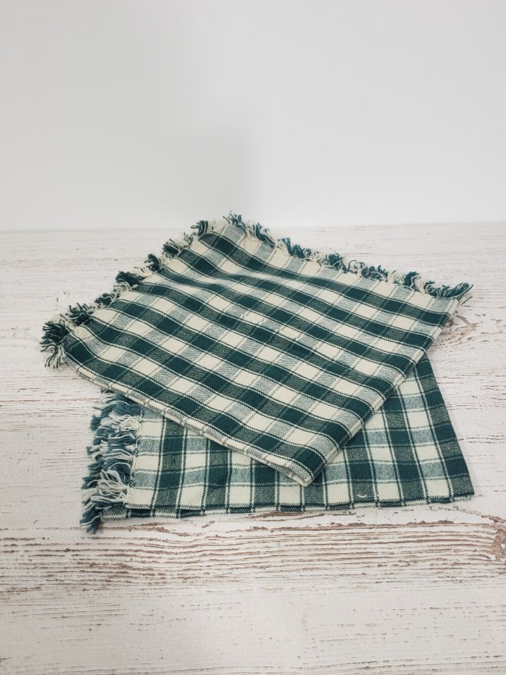 Green Check  Pair of woven cotton napkins 17 X 18 with fringe  primitive cottage
